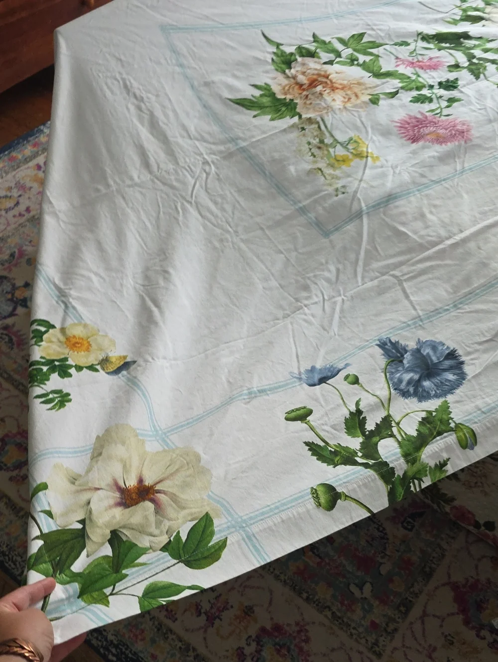 Williams-Sonoma Cotton Tablecloth with Green and Blue Floral Details